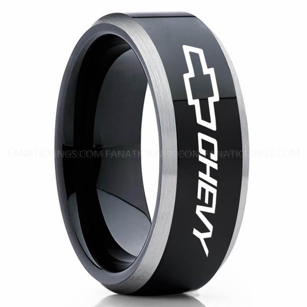 Chevy Black Silver Chevy Ring, Chevrolet Ring, Chevy Bowtie Ring, Auto Racing Ring, Chevy Wedding Band, Chevrolet Wedding Ring - Image 1