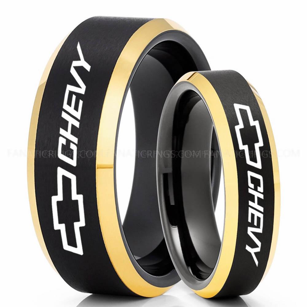 Chevy Black Yellow (2) Chevy Ring, Chevrolet Ring, Chevy Bowtie Ring, Auto Racing Ring, Chevy Wedding Band, Chevrolet Wedding Ring - Image 1