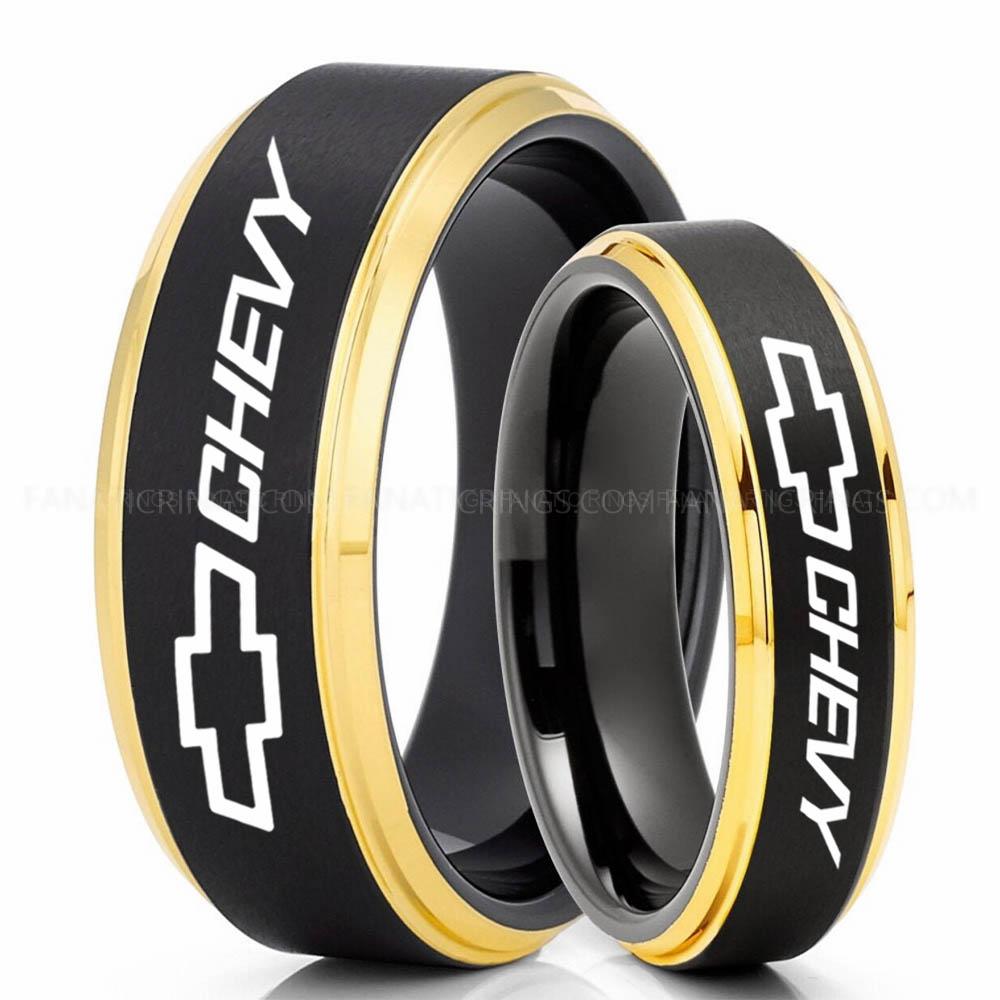 Chevy Black Yellow (3) Chevy Ring, Chevrolet Ring, Chevy Bowtie Ring, Auto Racing Ring, Chevy Wedding Band, Chevrolet Wedding Ring - Image 1
