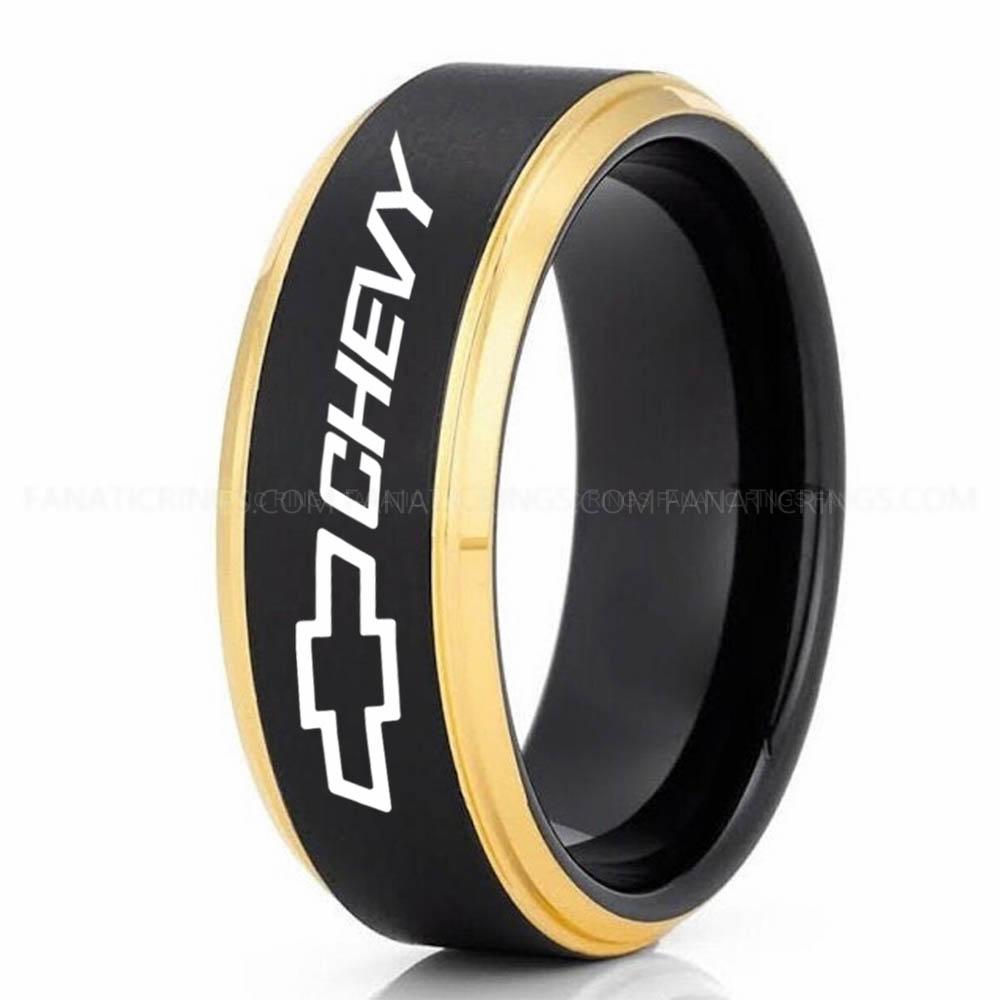 Chevy Black Yellow Chevy Ring, Chevrolet Ring, Chevy Bowtie Ring, Auto Racing Ring, Chevy Wedding Band, Chevrolet Wedding Ring - Image 1