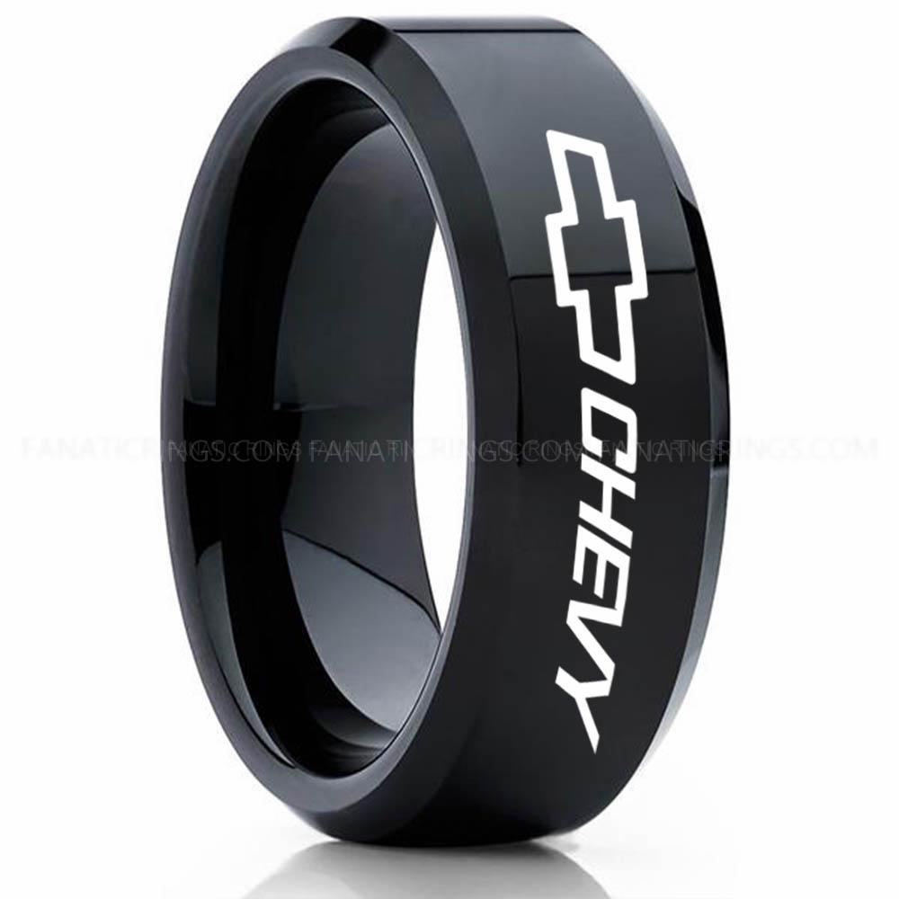 Chevy Black_ Chevy Ring, Chevrolet Ring, Chevy Bowtie Ring, Auto Racing Ring, Chevy Wedding Band, Chevrolet Wedding Ring - Image 1