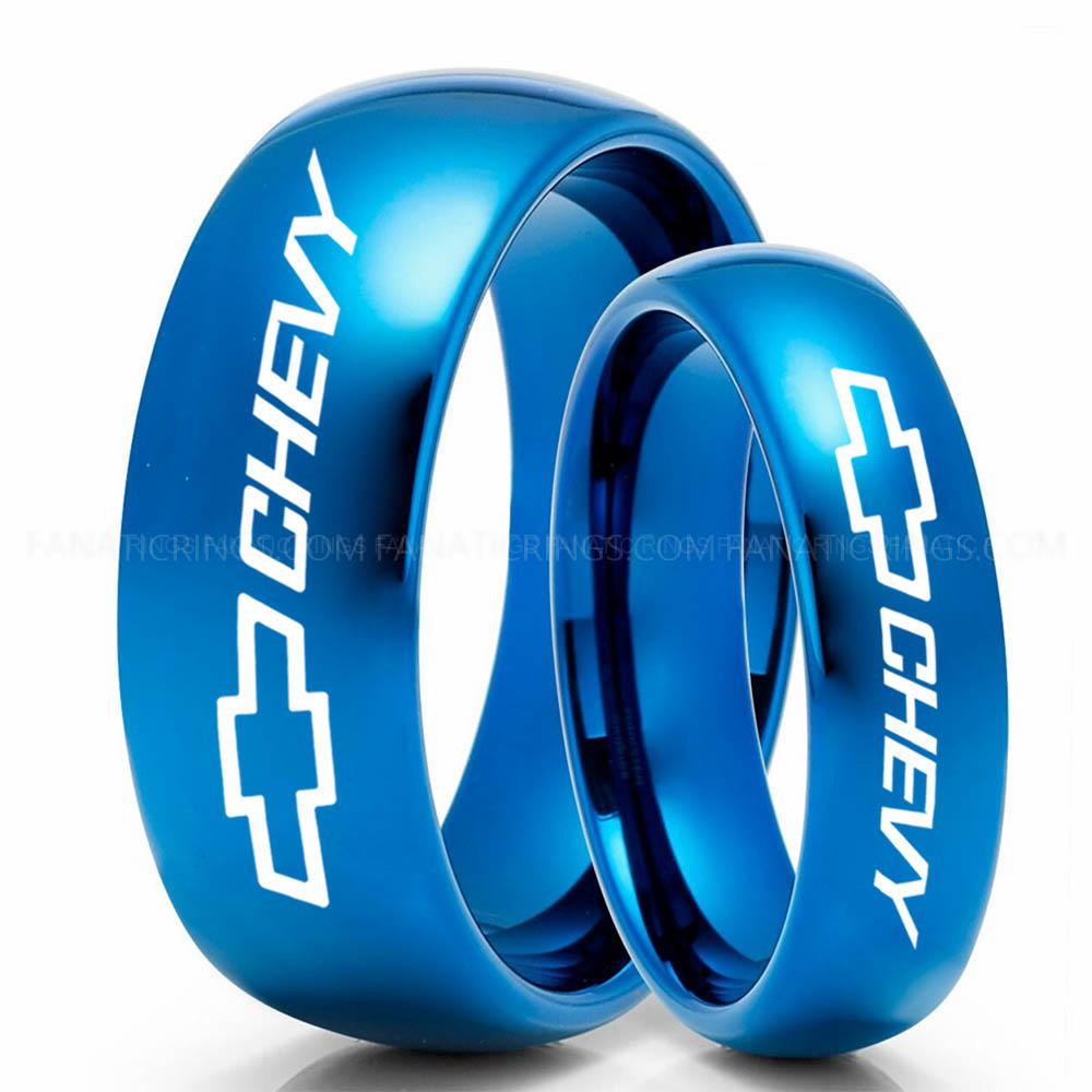 Chevy Blue Couple Chevy Ring, Chevrolet Ring, Chevy Bowtie Ring, Auto Racing Ring, Chevy Wedding Band, Chevrolet Wedding Ring - Image 1