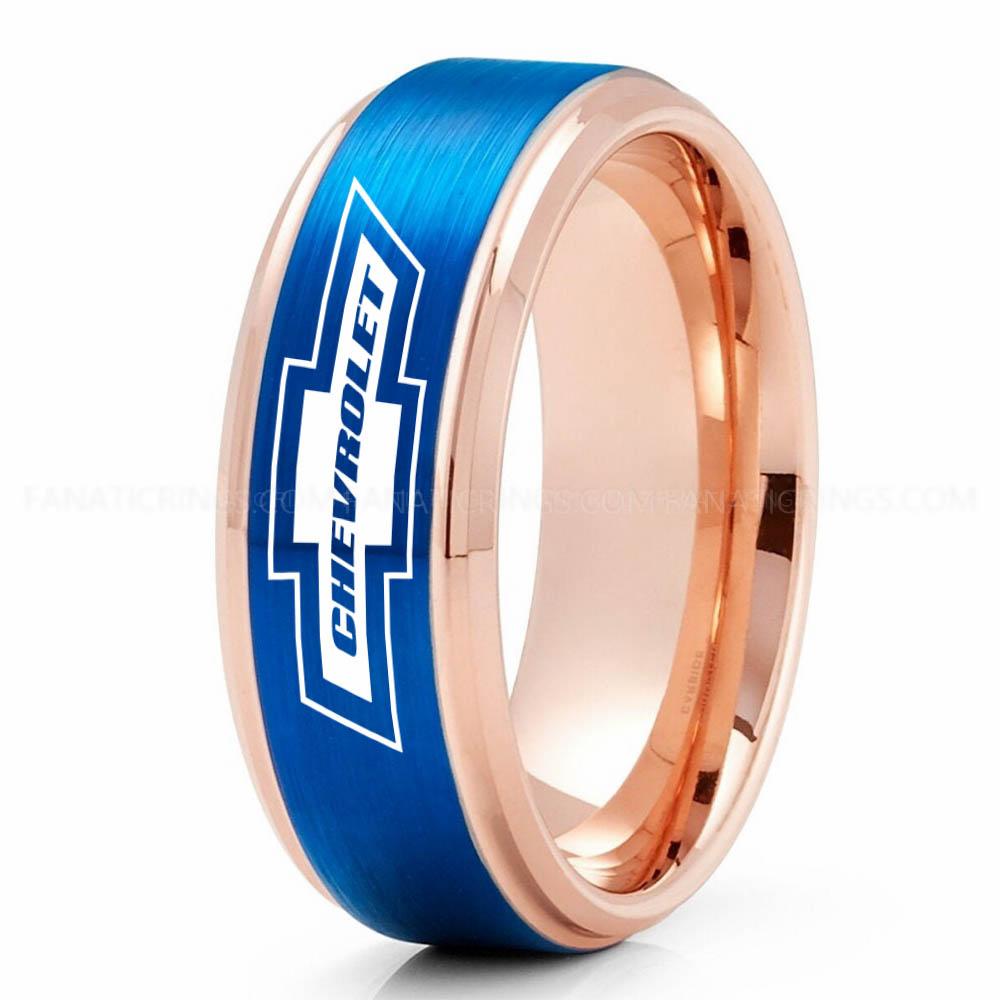 Chevy Blue Pink (1) Chevy Ring, Chevrolet Ring, Chevy Bowtie Ring, Auto Racing Ring, Chevy Wedding Band, Chevrolet Wedding Ring - Image 1