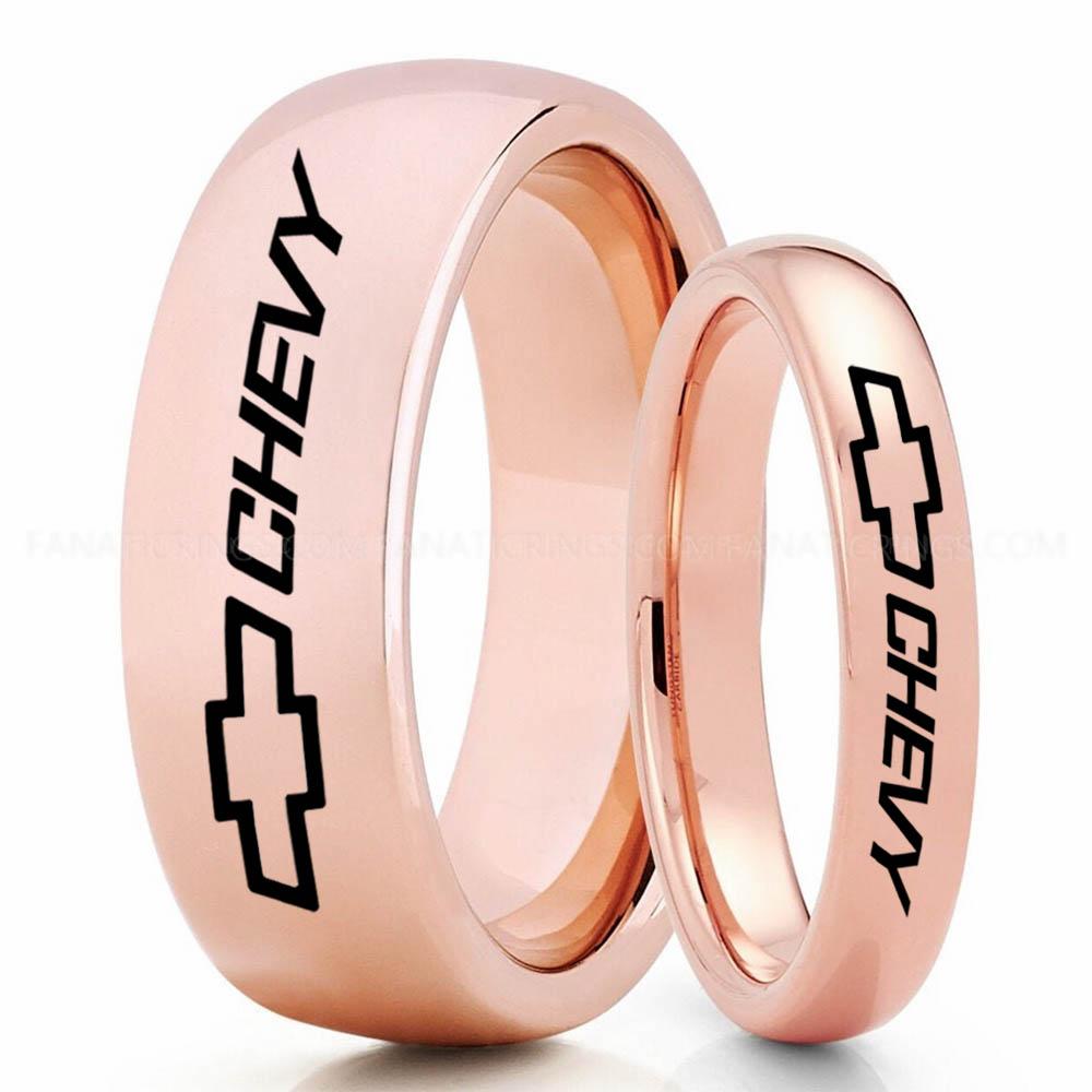 Chevy Pink Couple (2) Chevy Ring, Chevrolet Ring, Chevy Bowtie Ring, Auto Racing Ring, Chevy Wedding Band, Chevrolet Wedding Ring - Image 1