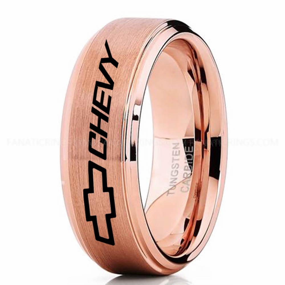 Chevy Pink Chevy Ring, Chevrolet Ring, Chevy Bowtie Ring, Auto Racing Ring, Chevy Wedding Band, Chevrolet Wedding Ring - Image 1