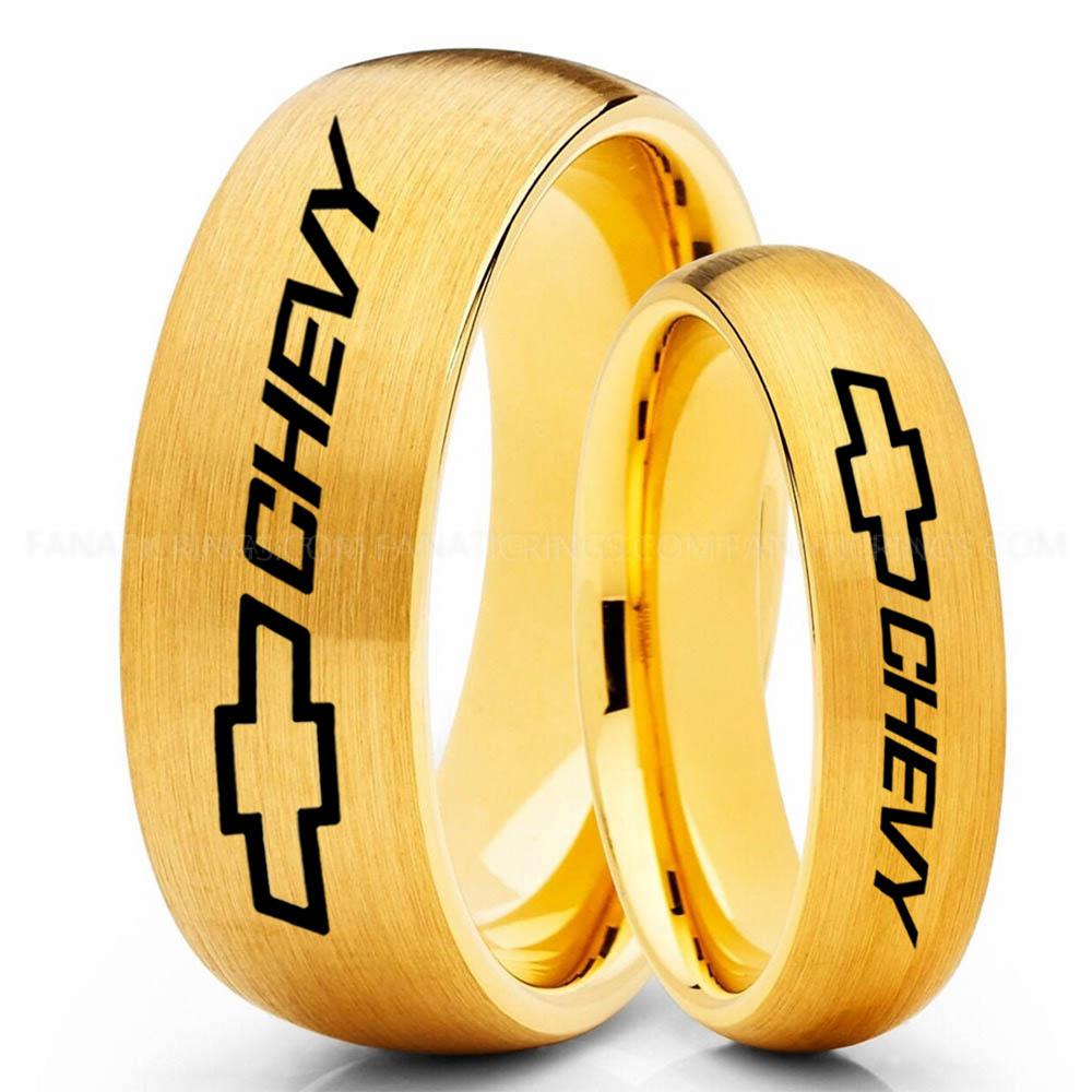Chevy Yellow Chevy Ring, Chevrolet Ring, Chevy Bowtie Ring, Auto Racing Ring, Chevy Wedding Band, Chevrolet Wedding Ring - Image 1