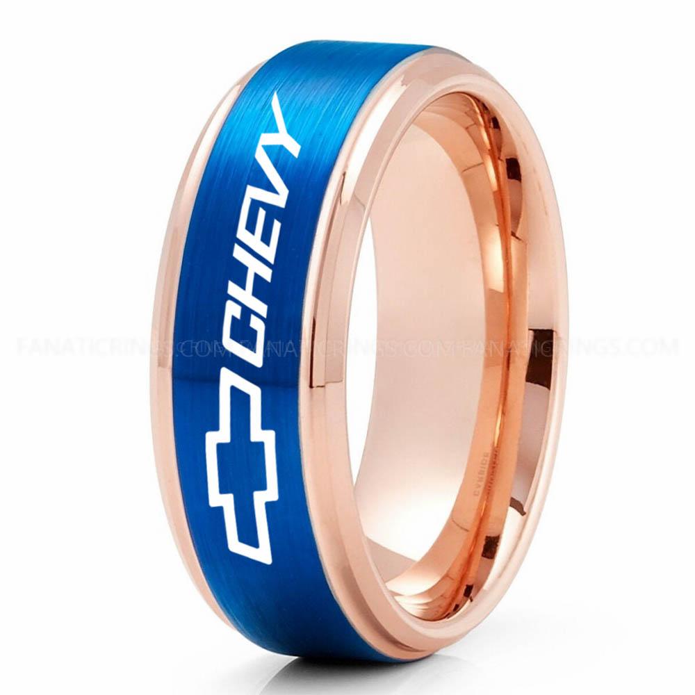 Chevy blue Pink Chevy Ring, Chevrolet Ring, Chevy Bowtie Ring, Auto Racing Ring, Chevy Wedding Band, Chevrolet Wedding Ring - Image 1