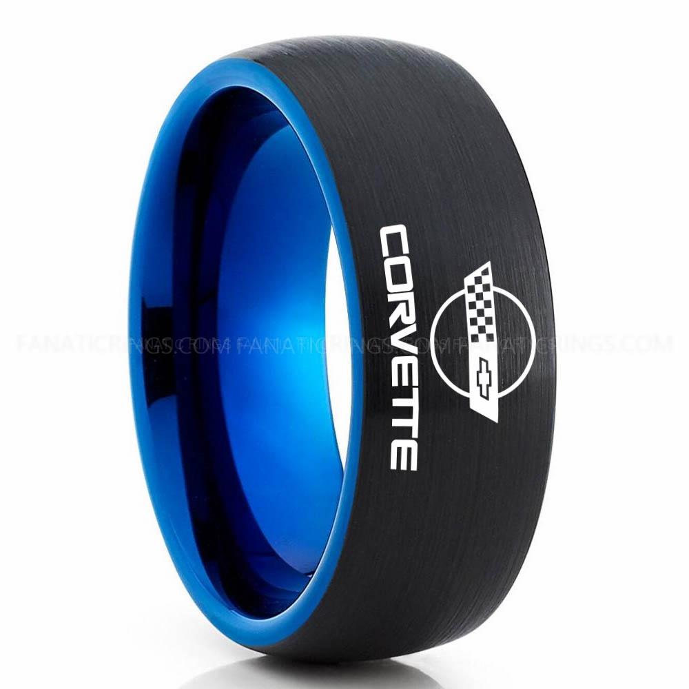 Corvette Black Blue 2 Corvette Ring, Chevy Ring, Chevrolet Ring, Chevrolet Corvette Ring, Auto Racing Ring, Chevy Wedding Band, Chevrolet Wedding Ring - Image 1