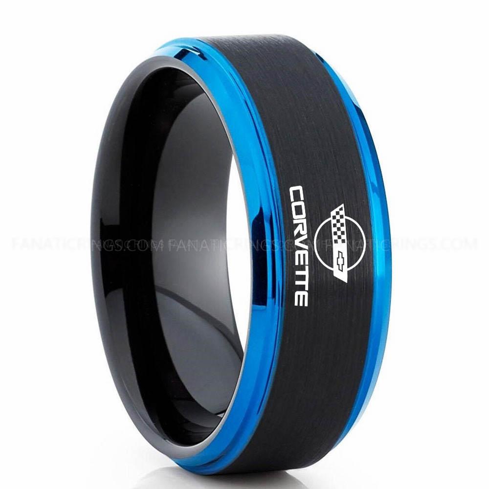 Corvette Black Blue Corvette Ring, Chevy Ring, Chevrolet Ring, Chevrolet Corvette Ring, Auto Racing Ring, Chevy Wedding Band, Chevrolet Wedding Ring - Image 1