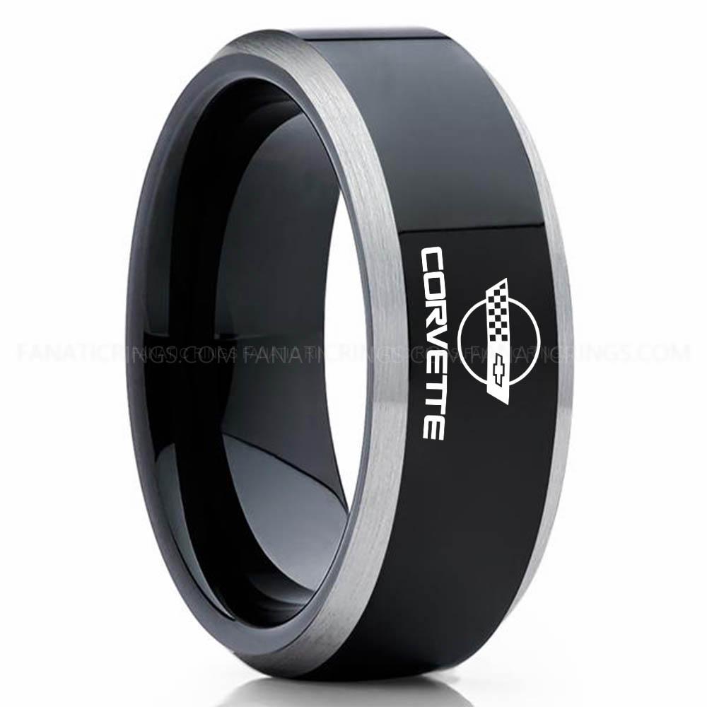 Corvette Black Silve 2 Corvette Ring, Chevy Ring, Chevrolet Ring, Chevrolet Corvette Ring, Auto Racing Ring, Chevy Wedding Band, Chevrolet Wedding Ring - Image 1