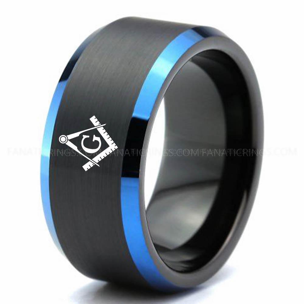 Freemason Black Blue 2 Freemason Ring, Masonic Ring, Freemason Wedding Band, Freemason Wedding Ring, Masonic Jewelry - Image 1