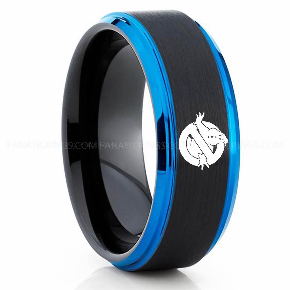 Ghostbuster Black Blue Ghostbusters Ring, Ghostbusters Wedding Band, Ghostbusters Wedding Ring, Ghostbusters Jewelry - Image 1