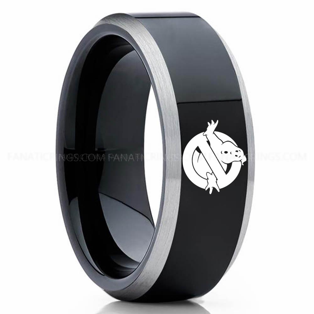 Ghostbuster Silver Black Ghostbusters Ring, Ghostbusters Wedding Band, Ghostbusters Wedding Ring, Ghostbusters Jewelry - Image 1