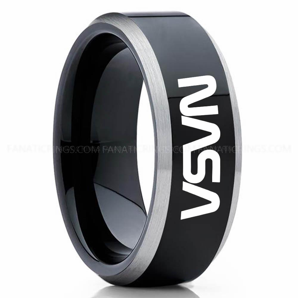 NASA Black Silver NASA Ring, NASA Wedding Band, NASA Wedding Ring, NASA Jewelry - Image 1