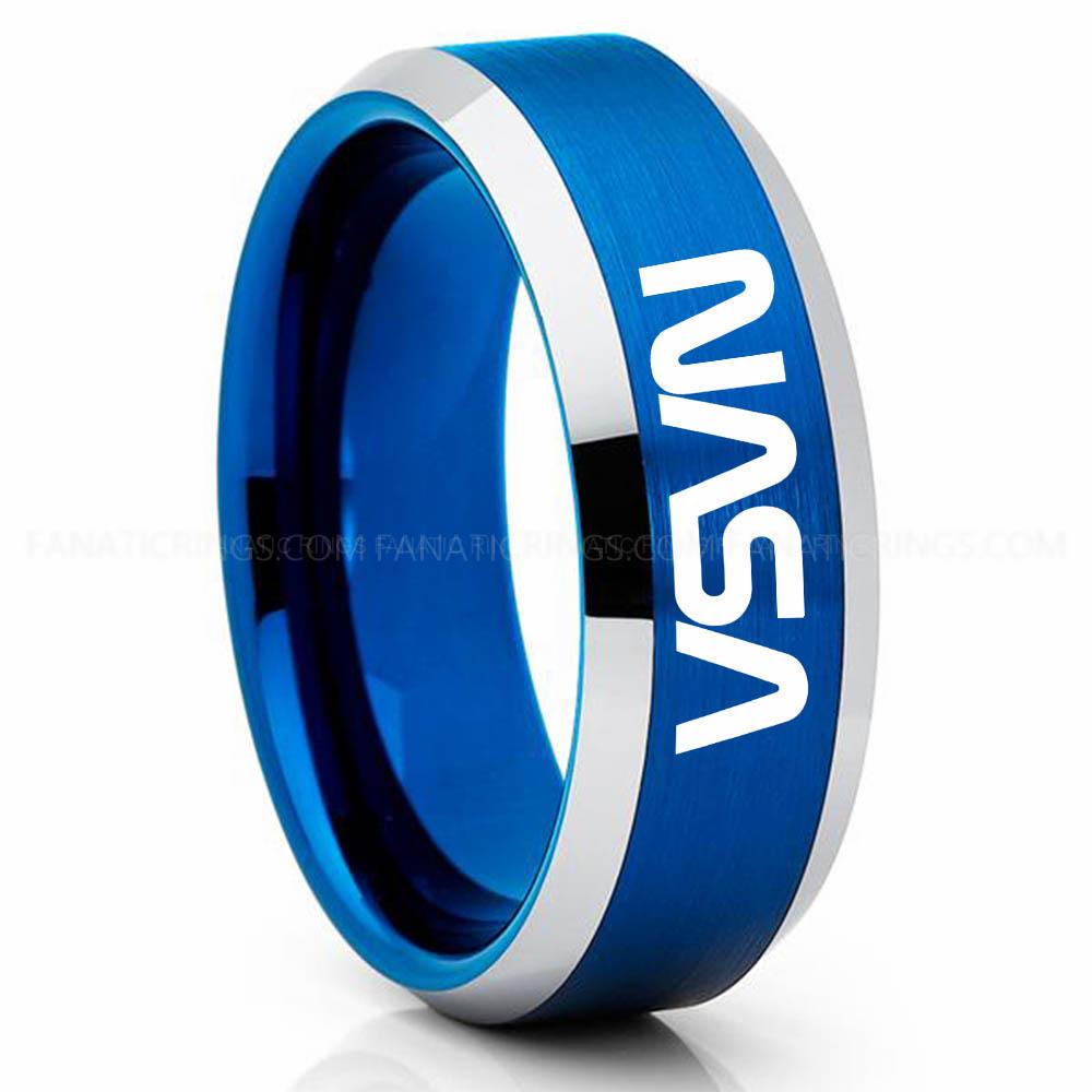 NASA Blue Silver NASA Ring, NASA Wedding Band, NASA Wedding Ring, NASA Jewelry - Image 1