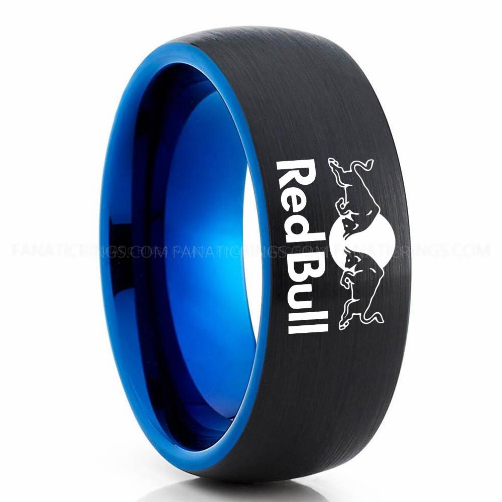 Redbull Black Blue 2 Red Bull Ring, Red Bull Wedding Band, Red Bull Wedding Ring, Red Bull Jewelry - Image 1