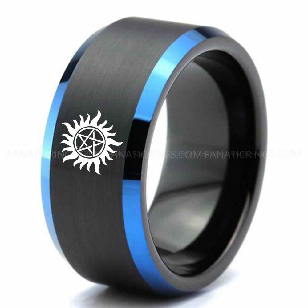 Supernatural Black Blue 2 Supernatural Ring, Supernatural Wedding Band, Supernatural Wedding Ring, Supernatural Jewelry - Image 1