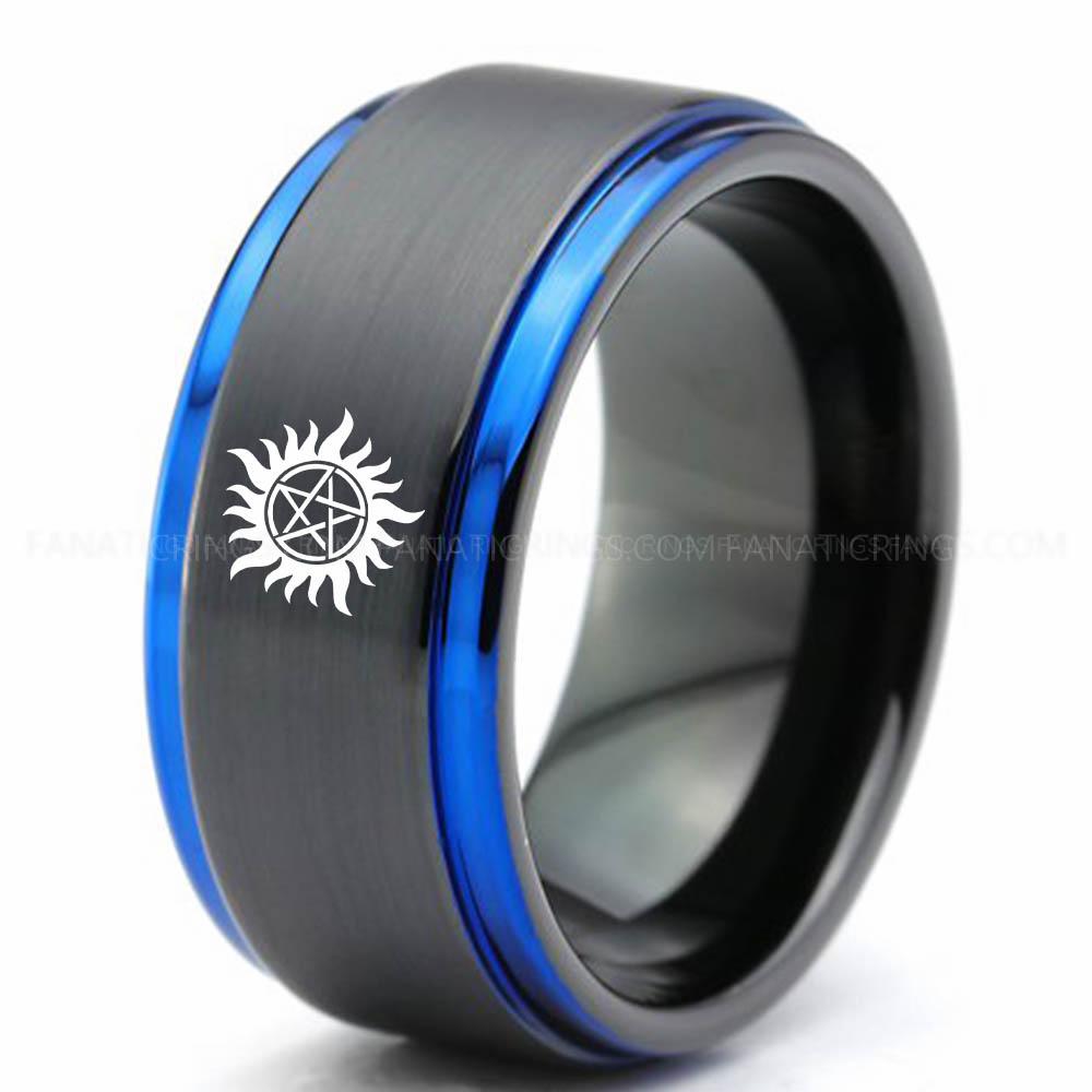 Supernatural Black Blue Supernatural Ring, Supernatural Wedding Band, Supernatural Wedding Ring, Supernatural Jewelry - Image 1