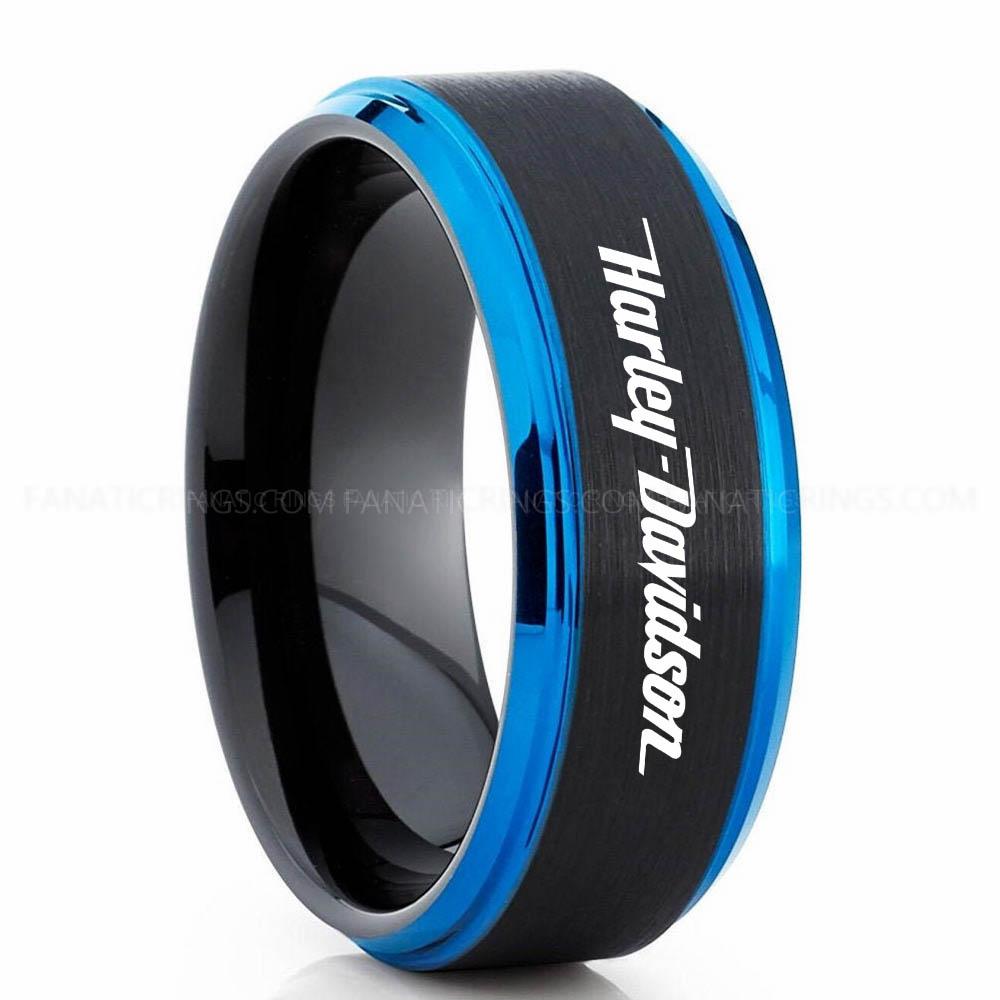 Harley Davidson Black Blue 3 Harley-Davidson Ring, Harley-Davidson Motorcycle Ring, Harley-Davidson Ring, Harley-Davidson Wedding Band, Harley-Davidson Wedding Ring - Image 1