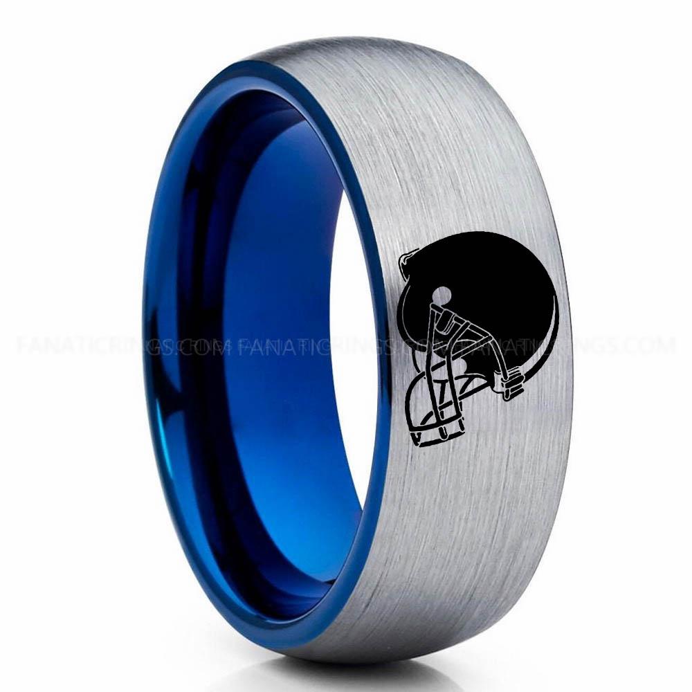 Helmet Silver Blue Browns Ring, Browns Wedding Band, Browns Wedding Ring, Browns Jewelry, Football Ring, Football Wedding Band - Image 1