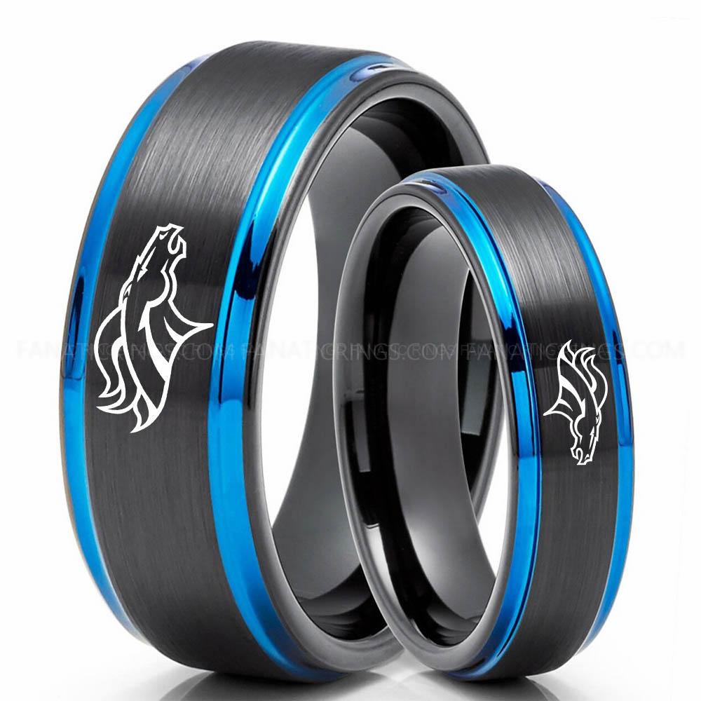 Jaguar 2 Black Blue 3 Broncos Ring, Broncos Wedding Band, Broncos Wedding Ring, Broncos Jewelry, Football Ring, Football Wedding Band - Image 1
