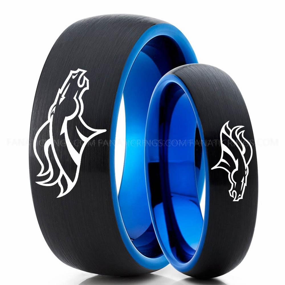Jaguar 2 Black Blue 4 Broncos Ring, Broncos Wedding Band, Broncos Wedding Ring, Broncos Jewelry, Football Ring, Football Wedding Band - Image 1
