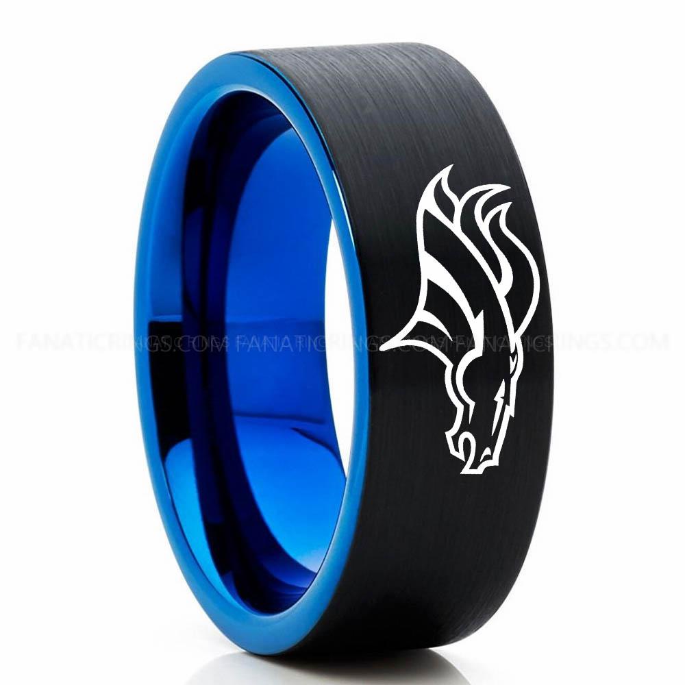 Jaguar 2 Black Blue 5 Broncos Ring, Broncos Wedding Band, Broncos Wedding Ring, Broncos Jewelry, Football Ring, Football Wedding Band - Image 1