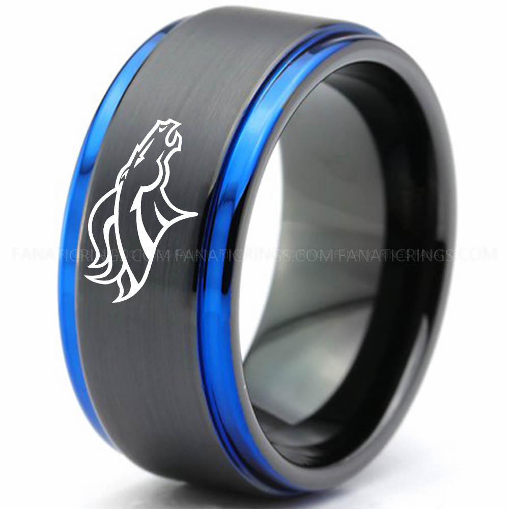 Jaguar 2 Black Blue Broncos Ring, Broncos Wedding Band, Broncos Wedding Ring, Broncos Jewelry, Football Ring, Football Wedding Band - Image 1