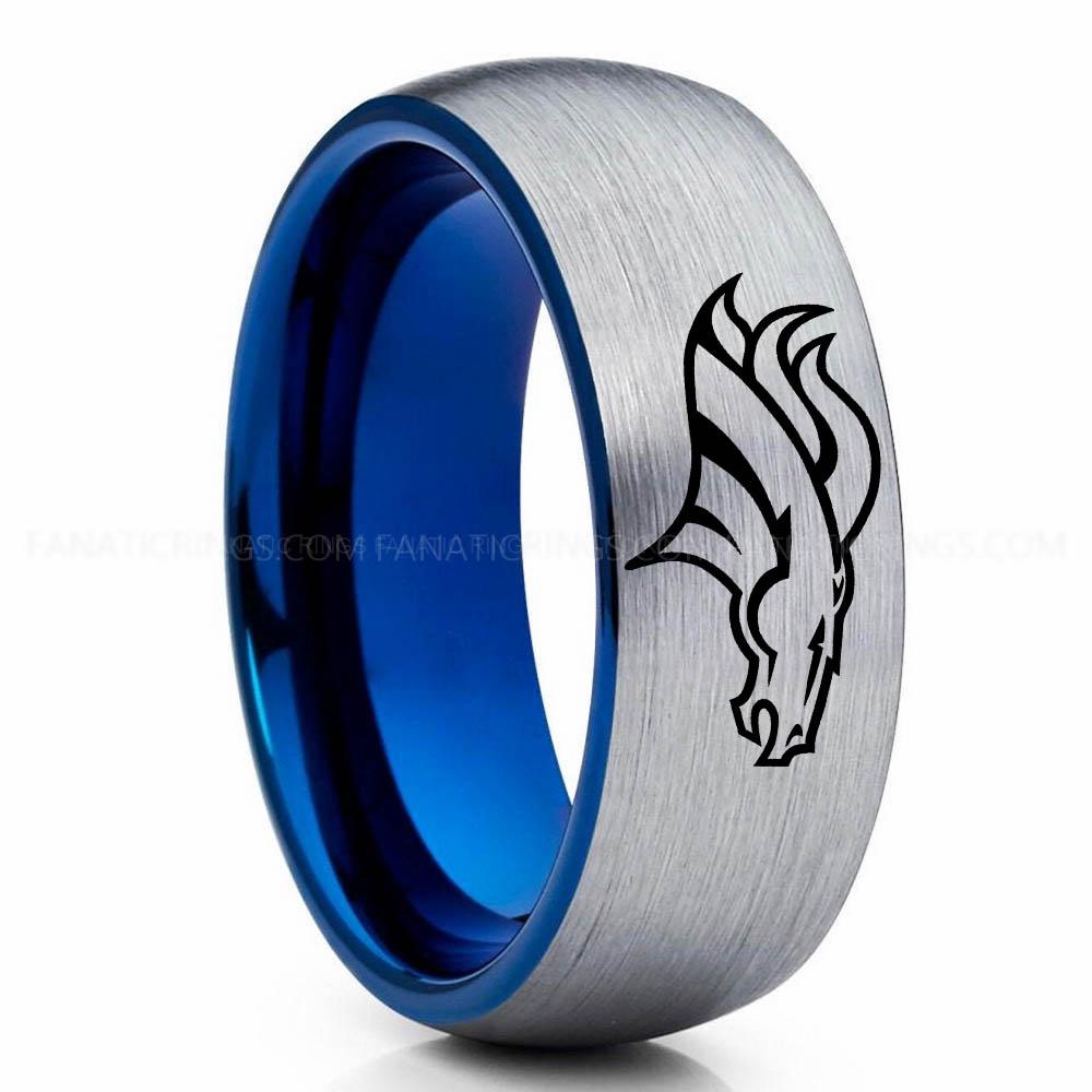 Jaguar 2 Silver Blue Broncos Ring, Broncos Wedding Band, Broncos Wedding Ring, Broncos Jewelry, Football Ring, Football Wedding Band - Image 1
