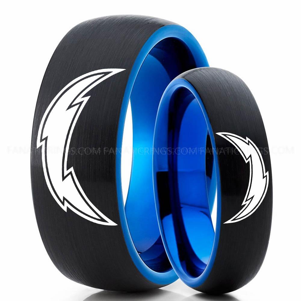 Lightning Black Blue 4 Chargers Ring, Chargers Wedding Band, Chargers Wedding Ring, Chargers Jewelry, Football Ring, Football Wedding Band - Image 1