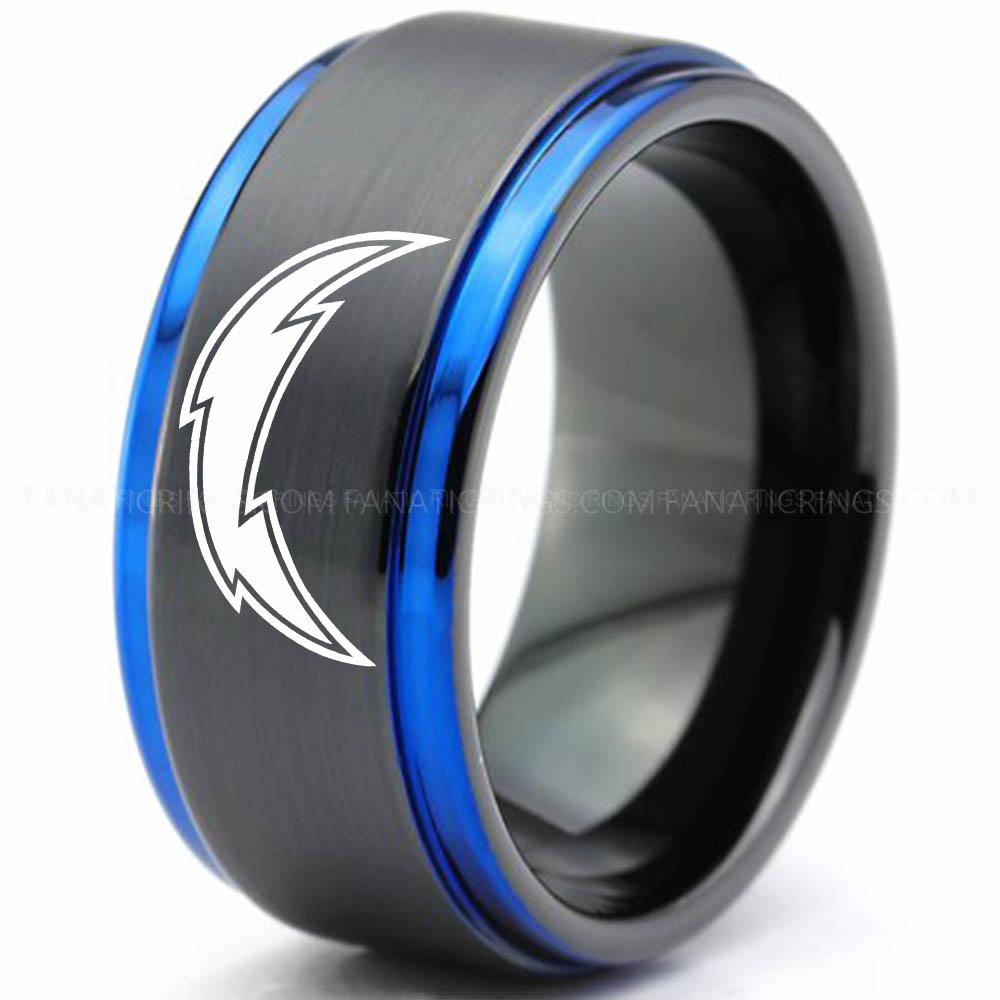 Lightning Black Blue Chargers Ring, Chargers Wedding Band, Chargers Wedding Ring, Chargers Jewelry, Football Ring, Football Wedding Band - Image 1