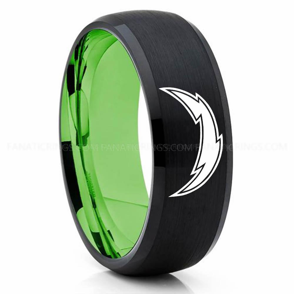 Lightning Black Green Chargers Ring, Chargers Wedding Band, Chargers Wedding Ring, Chargers Jewelry, Football Ring, Football Wedding Band - Image 1