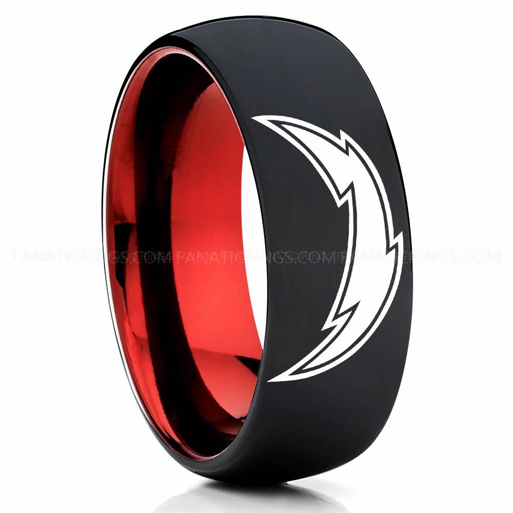 Lightning Black Red Chargers Ring, Chargers Wedding Band, Chargers Wedding Ring, Chargers Jewelry, Football Ring, Football Wedding Band - Image 1