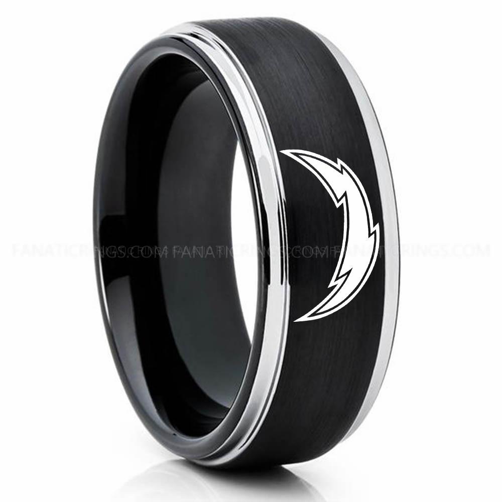 Lightning Black Silver 2 Chargers Ring, Chargers Wedding Band, Chargers Wedding Ring, Chargers Jewelry, Football Ring, Football Wedding Band - Image 1