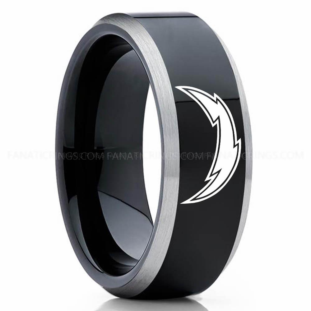 Lightning Black Silver Chargers Ring, Chargers Wedding Band, Chargers Wedding Ring, Chargers Jewelry, Football Ring, Football Wedding Band - Image 1