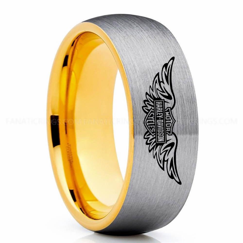 MHDC 2 Silver Yellow Harley-Davidson Ring, Harley-Davidson Motorcycle Ring, Harley-Davidson Ring, Harley-Davidson Wedding Band, Harley-Davidson Wedding Ring - Image 1