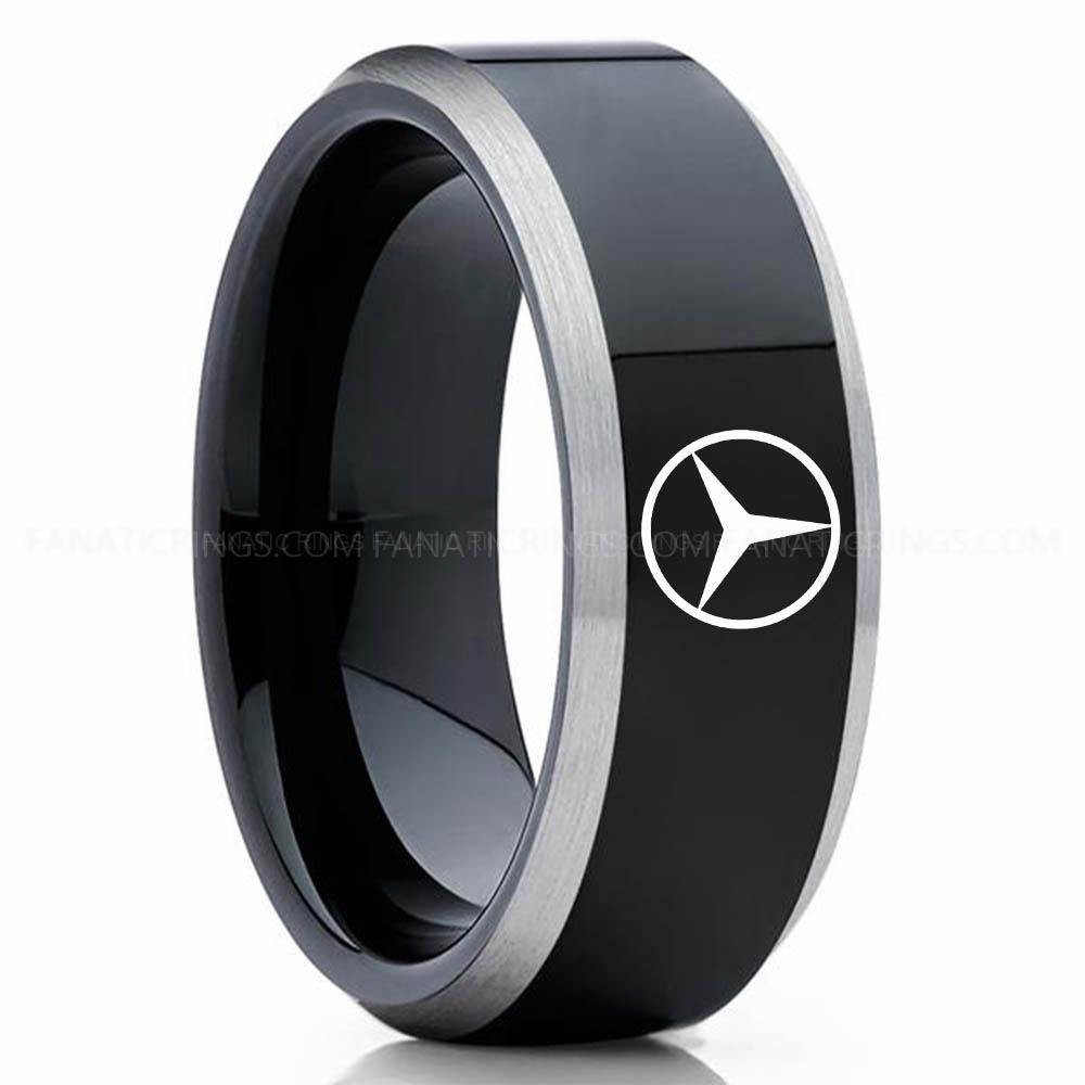 Mercedes Black Silver 2 Mercedes Ring, Mercedes Benz Wedding Ring, Mercedes Benz Wedding Band, Mercedes Jewelry - Image 1