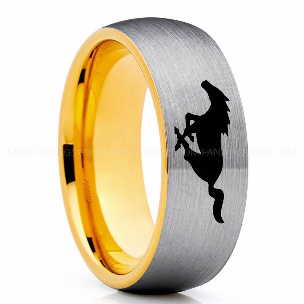 Mustang 2 Yellow Silver Mustang Ring, Ford Mustang Ring, Mustang Wedding Band, Mustang Wedding Ring, Ford Mustang Jewelry - Image 1