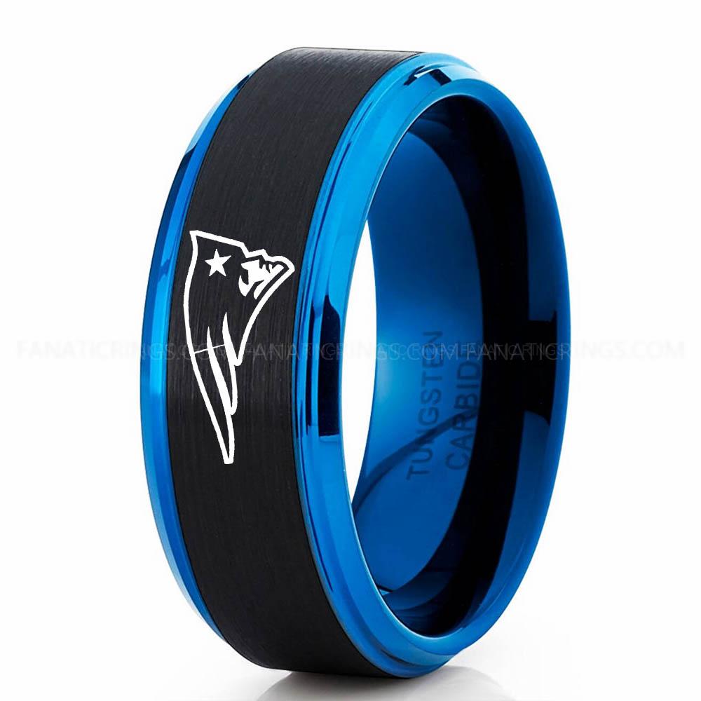 New England Patriot Black Blue 4 Patriots Ring, Patriots Wedding Band, Patriots Wedding Ring, Patriots Jewelry, Football Ring, Football Wedding Band - Image 1