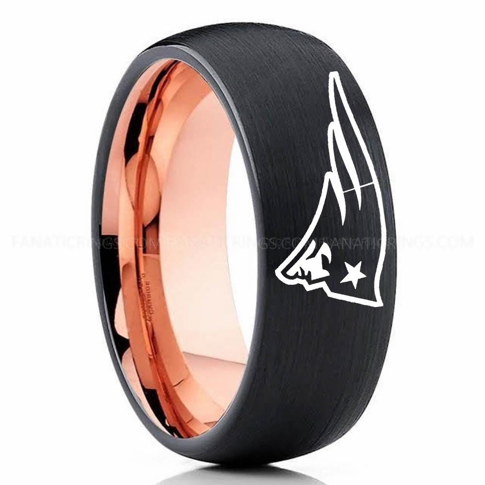 New England Patriot Black Pink 2 Patriots Ring, Patriots Wedding Band, Patriots Wedding Ring, Patriots Jewelry, Football Ring, Football Wedding Band - Image 1