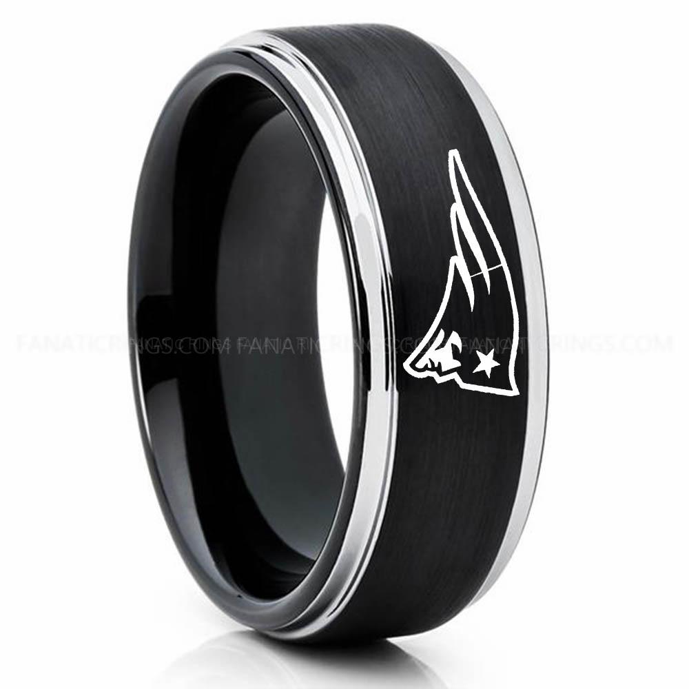 New England Patriot Black Silver Patriots Ring, Patriots Wedding Band, Patriots Wedding Ring, Patriots Jewelry, Football Ring, Football Wedding Band - Image 1
