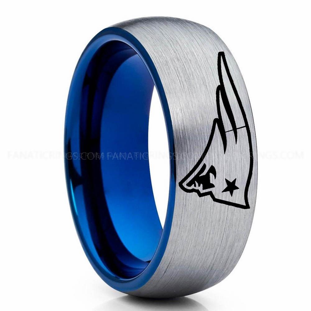 New England Patriot Silver Blue Patriots Ring, Patriots Wedding Band, Patriots Wedding Ring, Patriots Jewelry, Football Ring, Football Wedding Band - Image 1