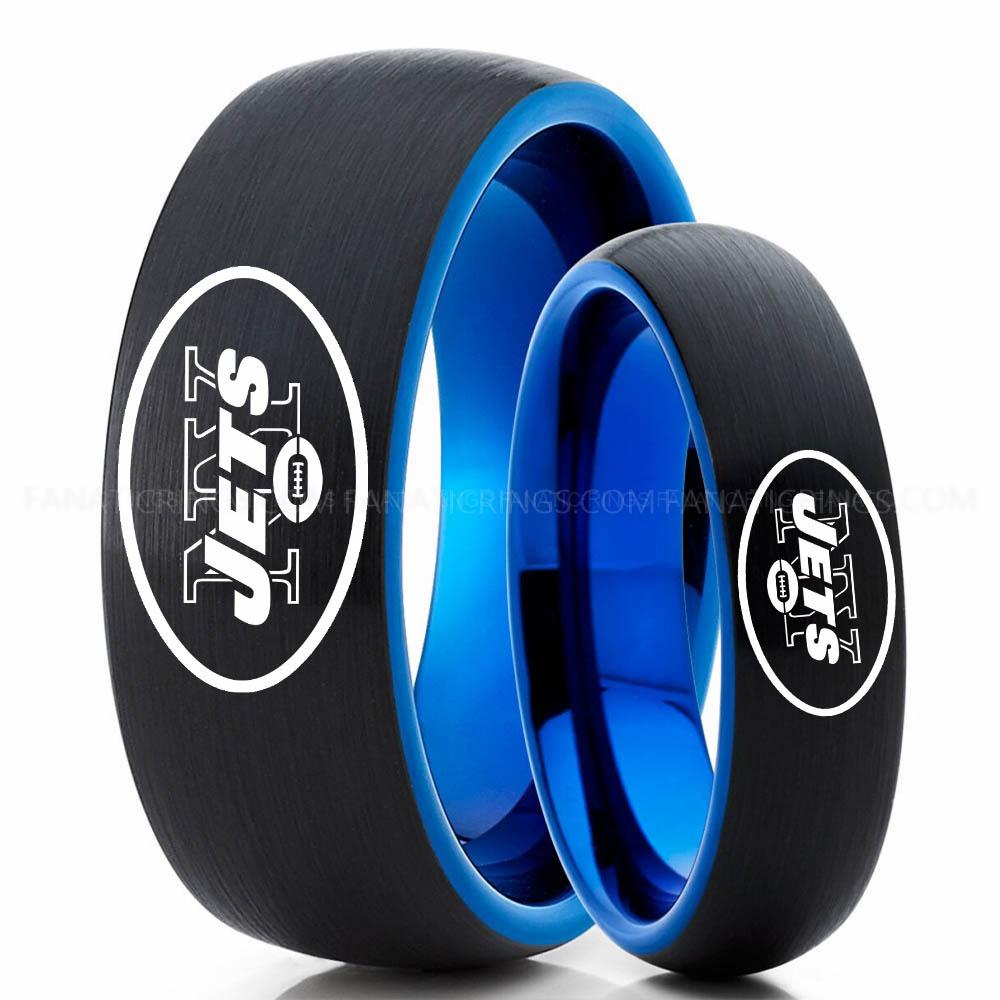 New your Jets Black Blue 2 Jets Ring, Jets Wedding Band, Jets Wedding Ring, Jets Jewelry, Football Ring, Football Wedding Band - Image 1