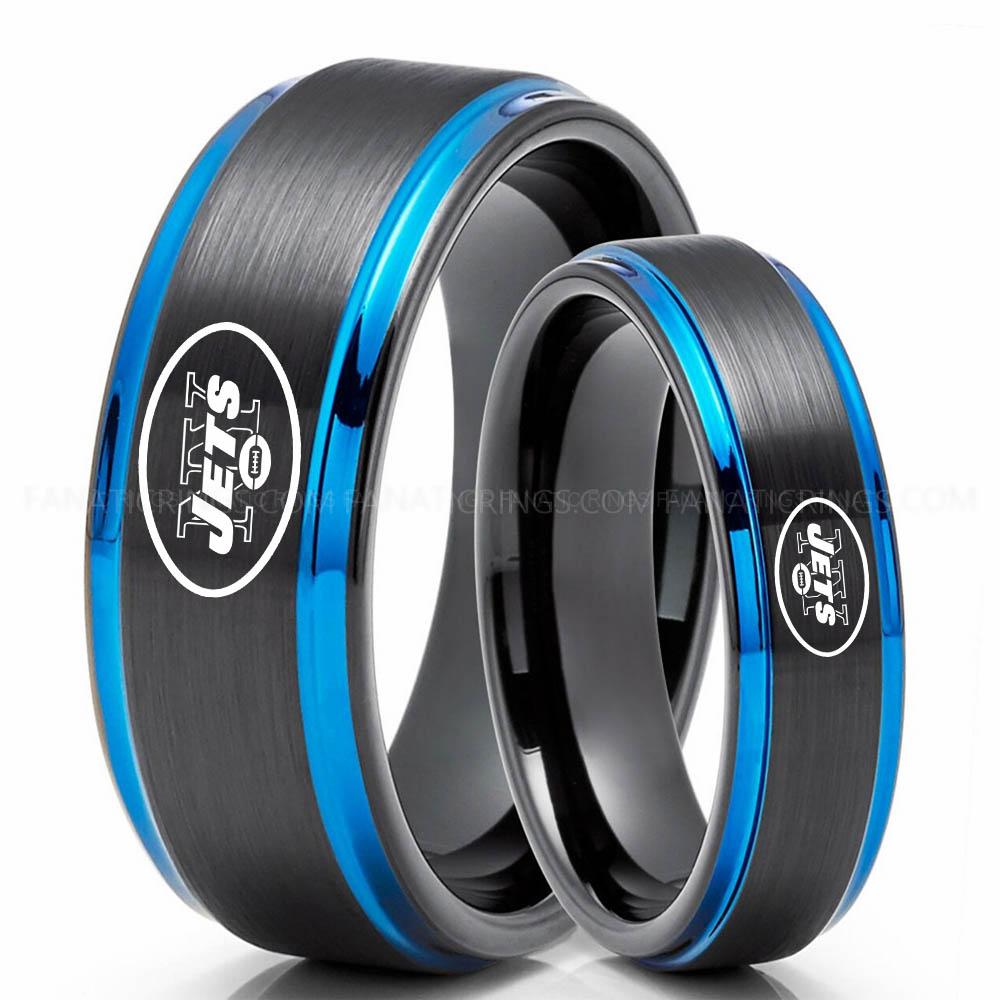 New your Jets Black Blue 3 Jets Ring, Jets Wedding Band, Jets Wedding Ring, Jets Jewelry, Football Ring, Football Wedding Band - Image 1