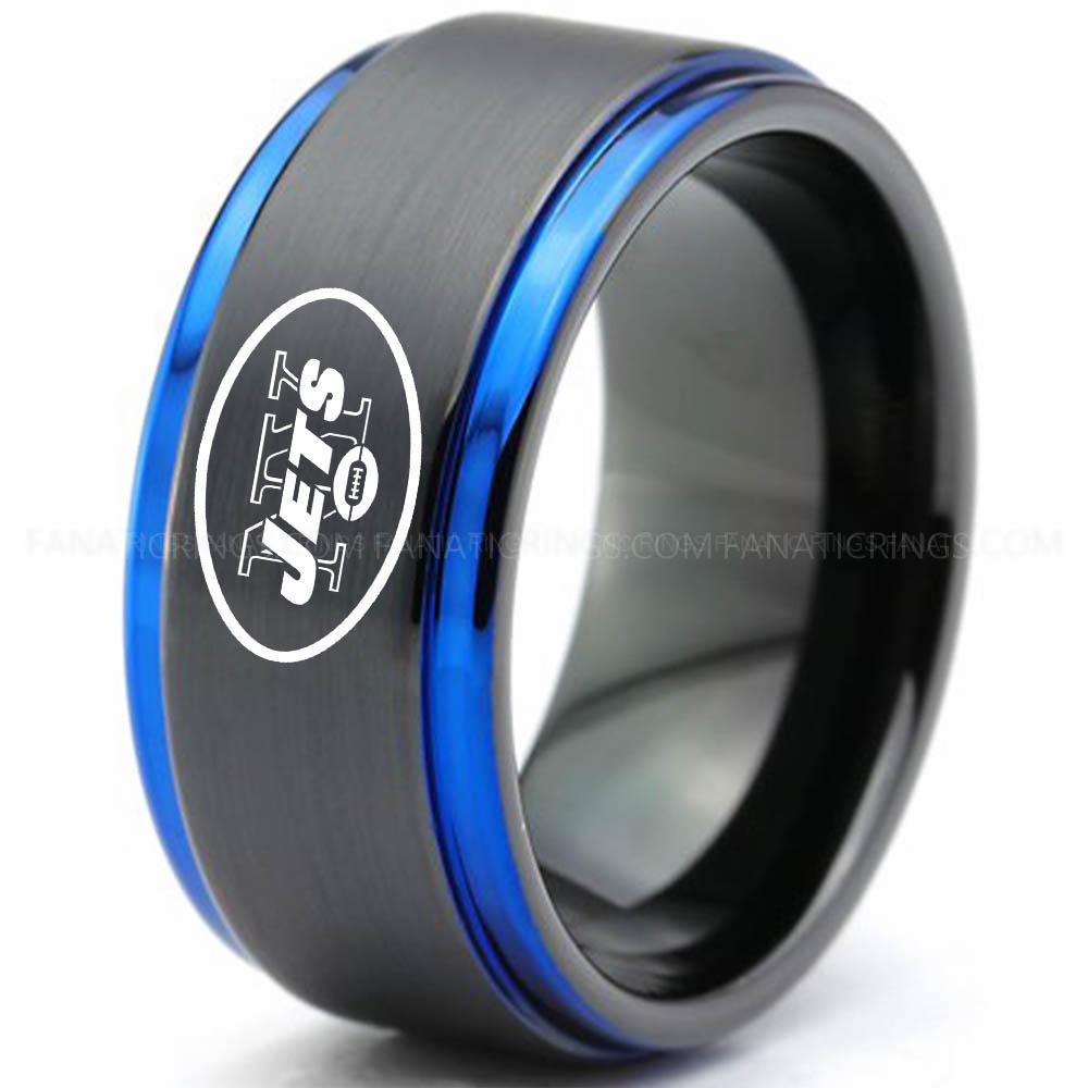 New your Jets Black Blue 5 Jets Ring, Jets Wedding Band, Jets Wedding Ring, Jets Jewelry, Football Ring, Football Wedding Band - Image 1