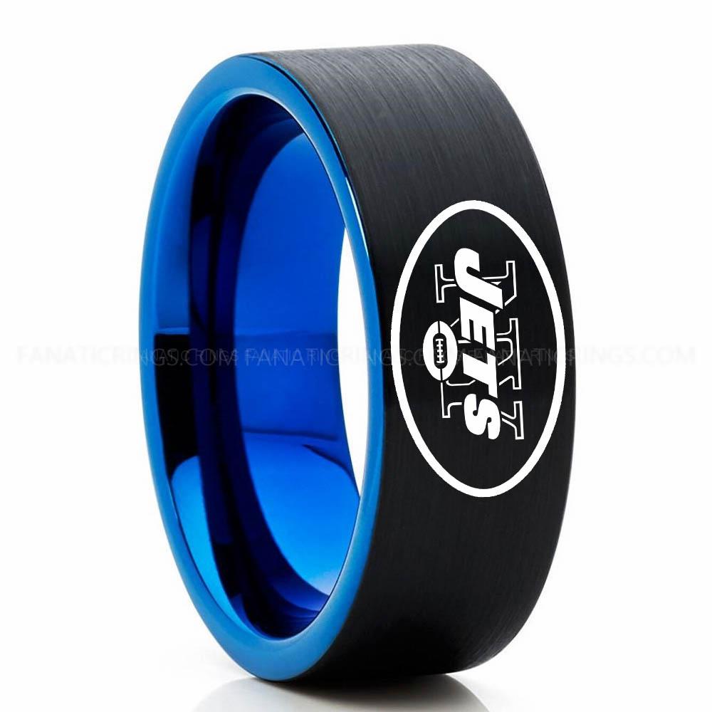 New your Jets Black Blue Jets Ring, Jets Wedding Band, Jets Wedding Ring, Jets Jewelry, Football Ring, Football Wedding Band - Image 1
