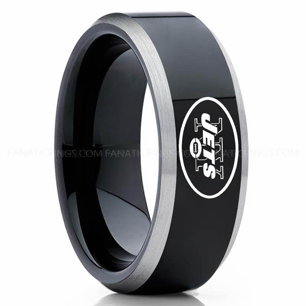 New your Jets Black Silver 2 Jets Ring, Jets Wedding Band, Jets Wedding Ring, Jets Jewelry, Football Ring, Football Wedding Band - Image 1