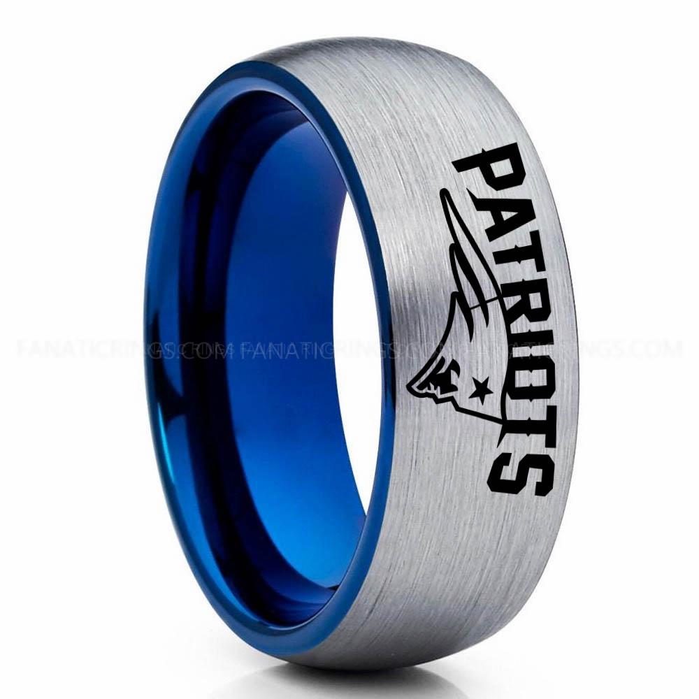 Patriots Silver Blue Patriots Ring, Patriots Wedding Band, Patriots Wedding Ring, Patriots Jewelry, Football Ring, Football Wedding Band - Image 1