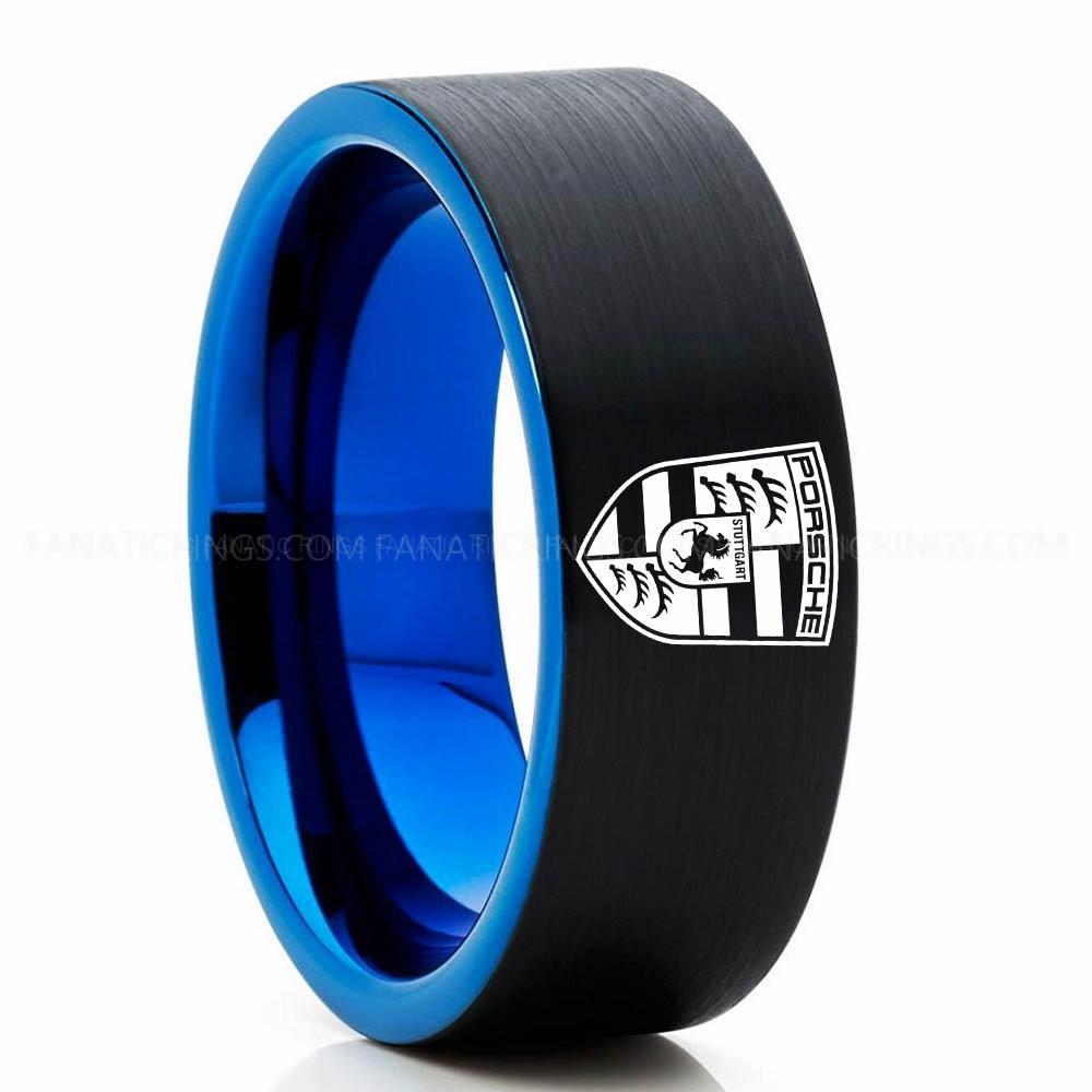 Porsche Black Blue 3 Porsche Ring, Porsche Wedding Ring, Porsche Wedding Band, Porsche Jewelry, Auto Racing Ring - Image 1