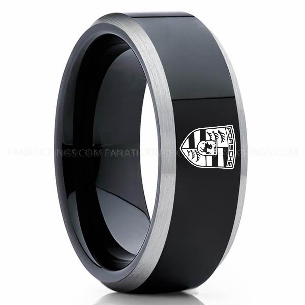 Porsche Black Silver 2 Porsche Ring, Porsche Wedding Ring, Porsche Wedding Band, Porsche Jewelry, Auto Racing Ring - Image 1
